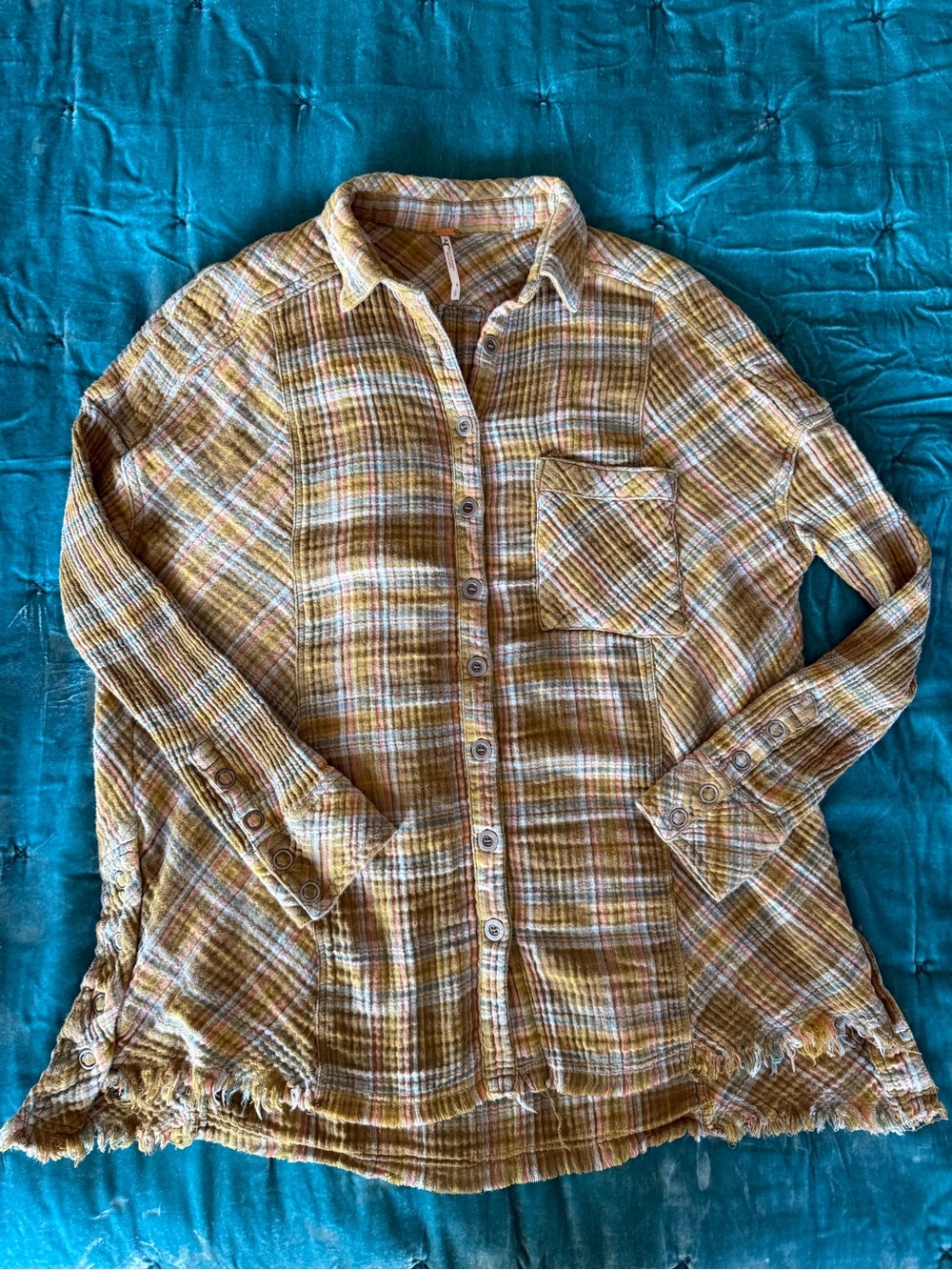 Free People Plaid gauze oversized Top in Mustard, Olive & Cream
